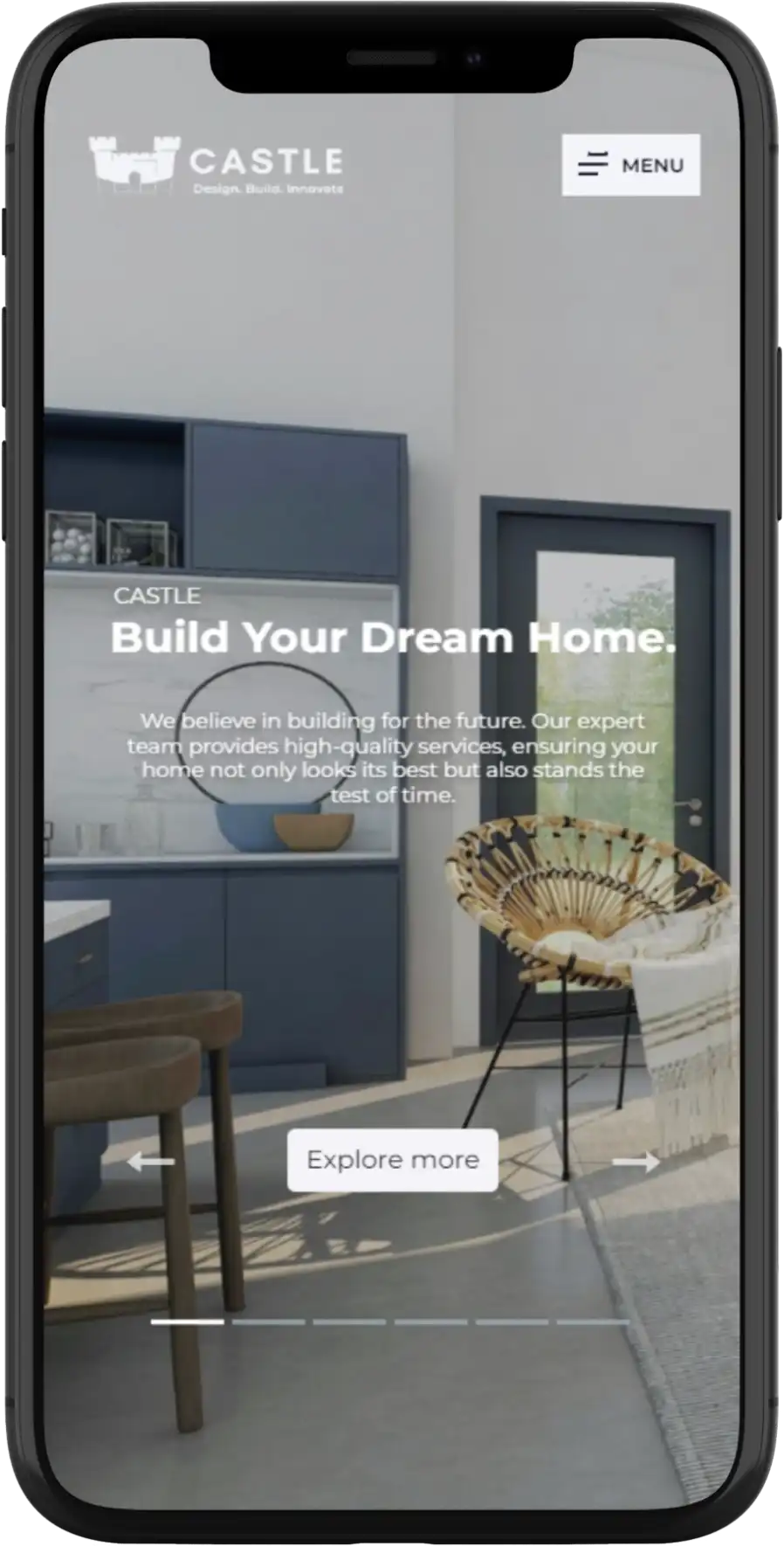 The Castle website on mobile: full-bleed home photo, MENU button, and 'Build Your Dream Home.' headline