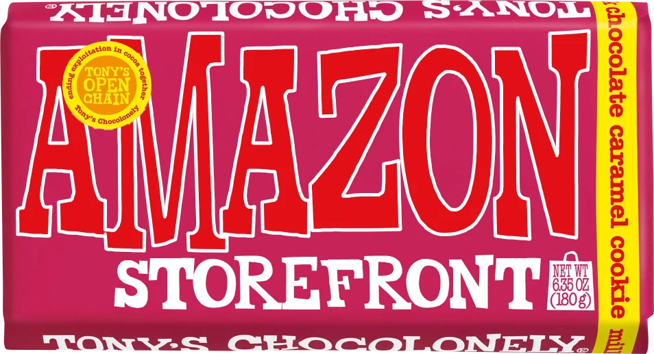 Tony’s-style raspberry bar labeled AMAZON STOREFRONT, milk chocolate caramel cookie