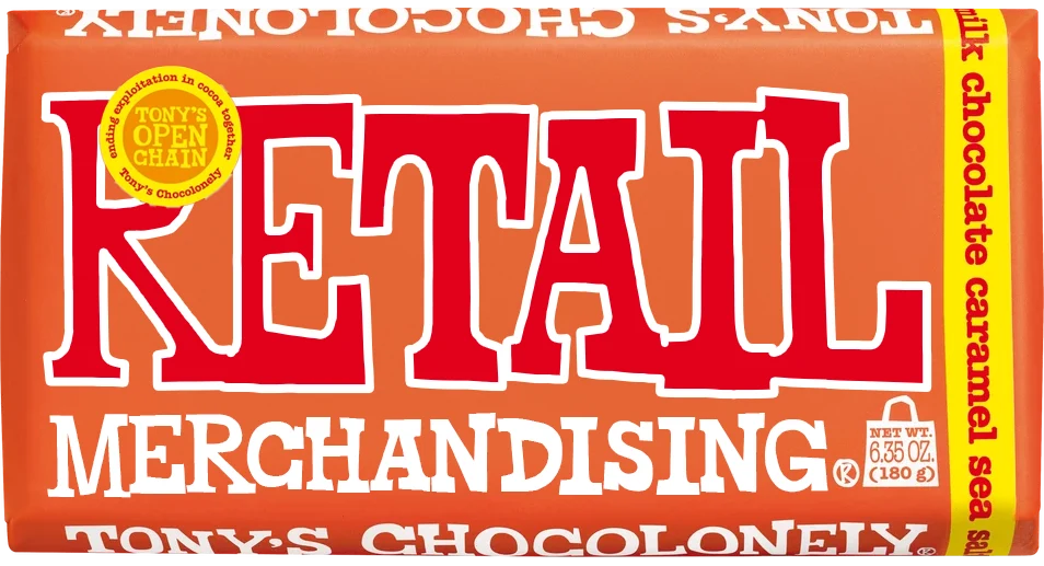 Tony’s-style orange bar labeled RETAIL MERCHANDISING, milk chocolate caramel sea salt