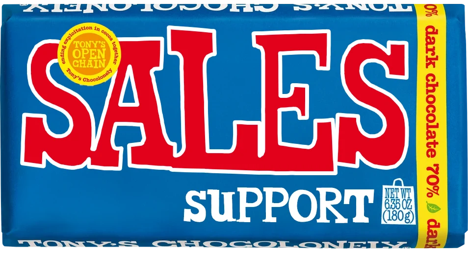 Tony’s-style blue bar labeled SALES SUPPORT, 70% dark chocolate