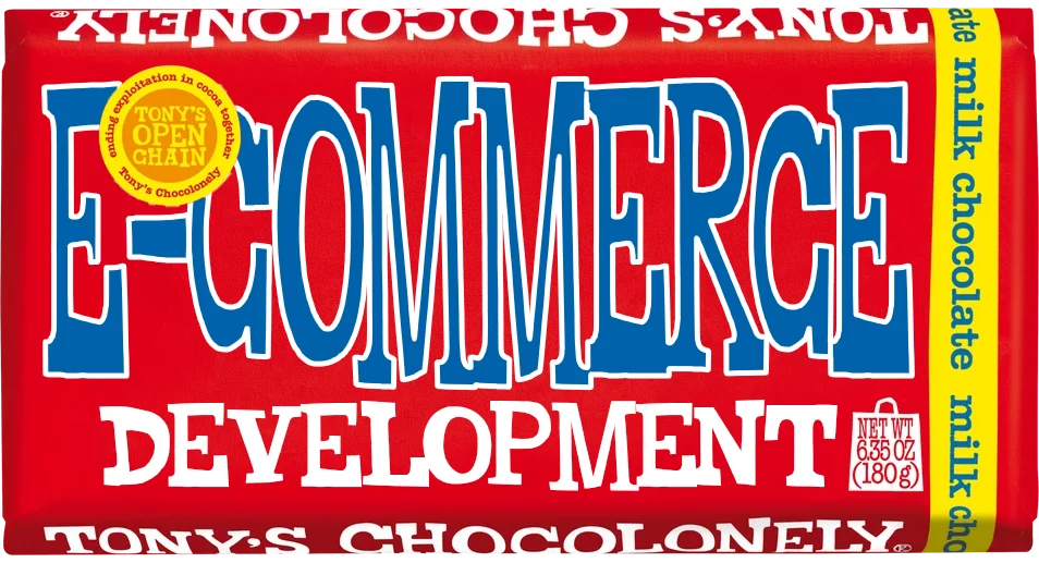 Tony’s-style red bar labeled E-COMMERCE DEVELOPMENT, milk chocolate
