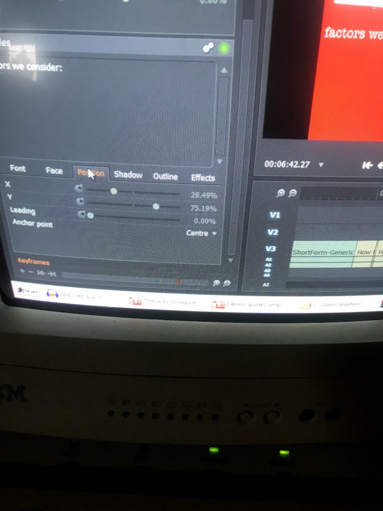 An editing suite screen showing subtitle position and timing controls, mid-caption