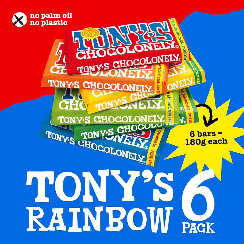 The Amazon listing graphic: Tony’s Rainbow 6 Pack, no palm oil, no plastic