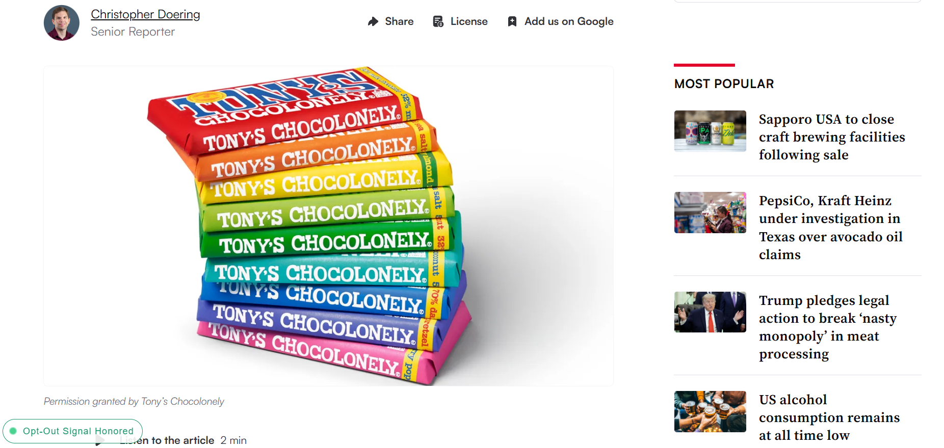 A trade-press article illustrated with the same Tony’s bar-stack imagery, credited to Tony’s Chocolonely